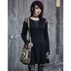 Hippie‎ Chic Black Lattice Shoulder Skater Dress Long Sleeve Goth XL